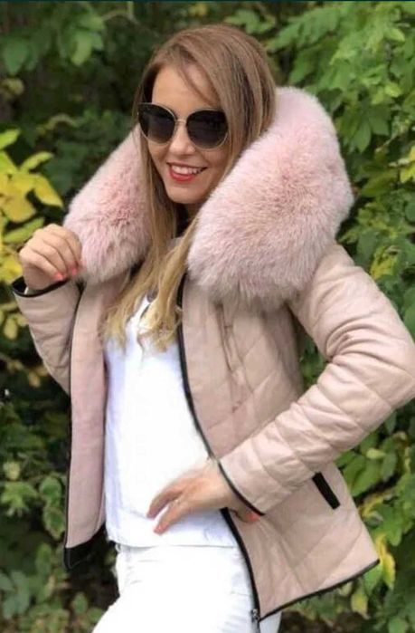 Яке естествена кожа с лисица розово размер м