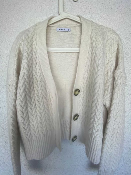 Cardigan alb ecru, cu model, gros, de iarna, S, nou, Reserved