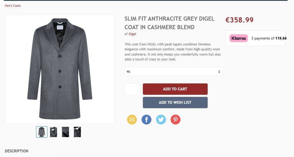 Palton slim de lux 50 L DIGEL lana si casmir gri medium