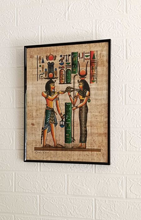 Papirus egiptean autentic — Hathor și Isis, Zeițele Divine - papirus înrămat