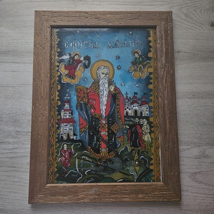 Icoană pe sticlă pictată manual-Sfântul  Haralambie-lucrare unicat