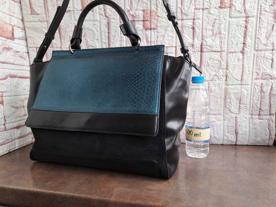 дамска чанта,черна кожена торба-естествена кожа и велур