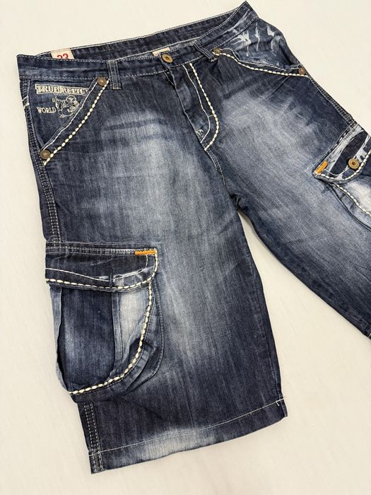 Pantaloni scurti TRUE RELIGION (33 M-L barbat) blugi jeans Made in USA Rainbow Bobby denim vintage Y2K