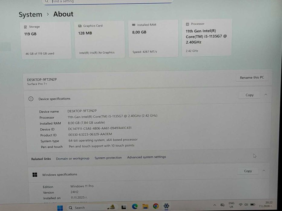 Microsoft Surface Pro 7 Plus i5-1135G7/8RAM/128SSD