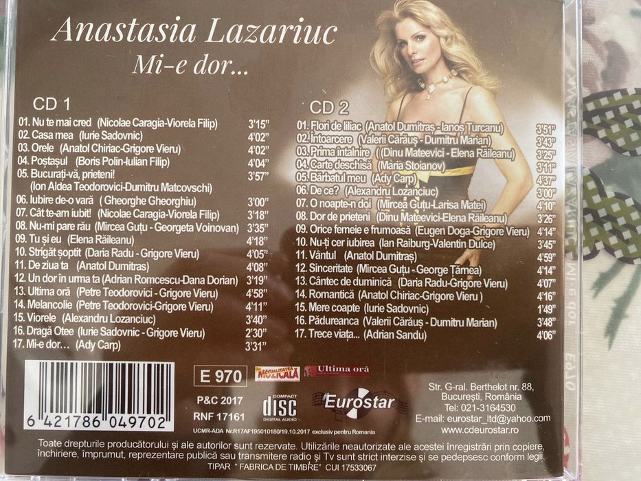Dublu CD Anastasia Lazariuc,(Mi-e dor) si (Sinceritate)