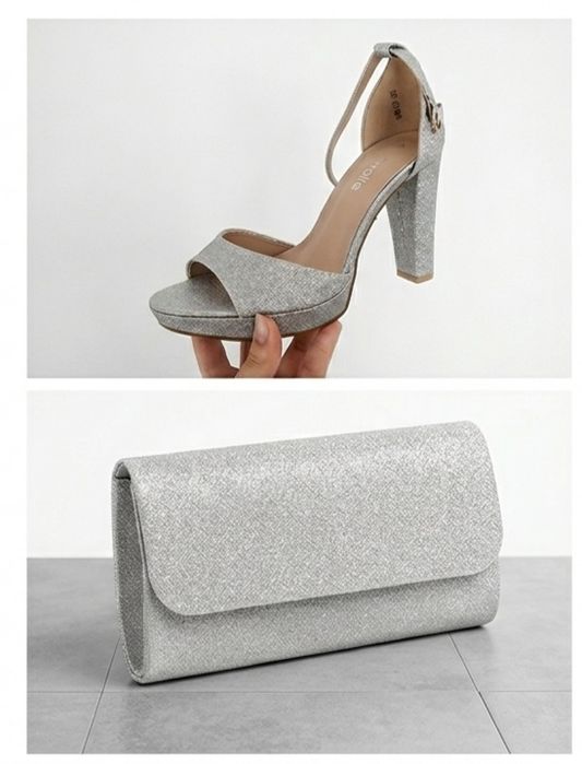 Комплект сребърни обувки на висок ток и чанта
