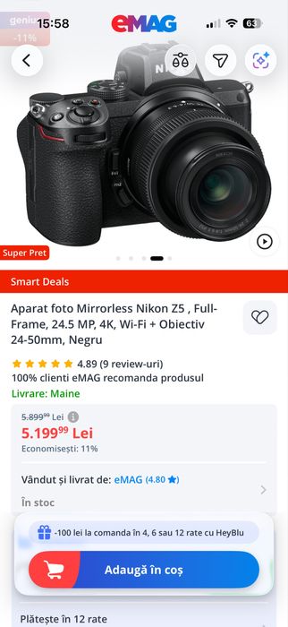 Aparat foto Mirrorless Full-Frame Nikon Z5 Kit cu Obiectiv NIKKOR Z 24-50mm f/4-6.3 WiFi Bluetooth Doar cateva cadre Ca nou