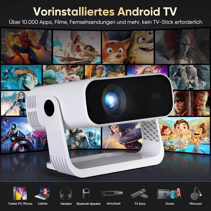 Proiector 2026 cu aplicație integrată, Android 14, Full HD 1080P, suportă decodare 4K, 20000 lumeni, corecție automată