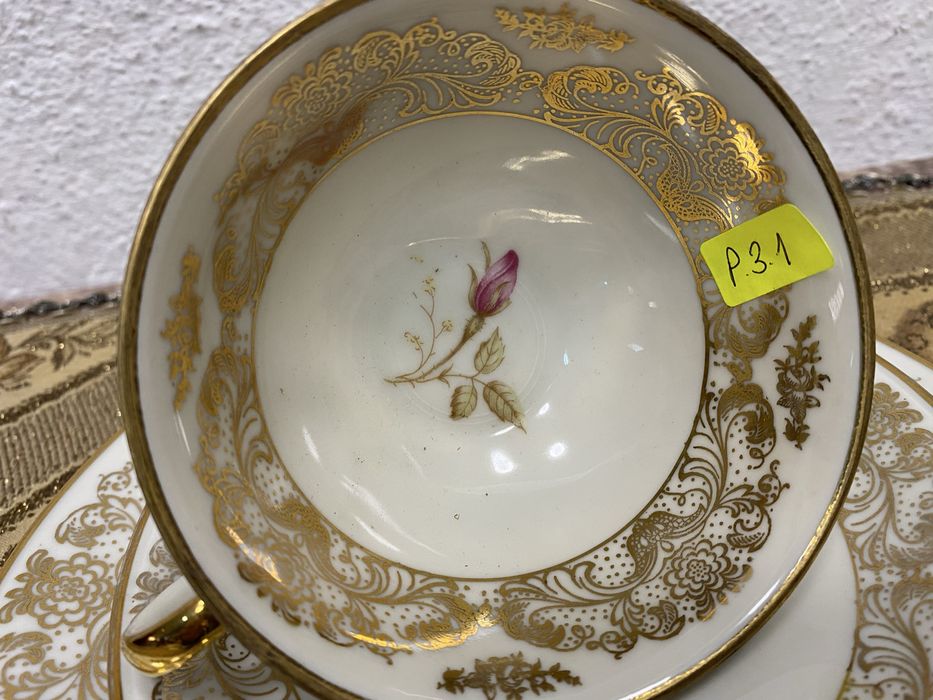 Немска порцеланова чаша троен сет костен порцелан с позлата