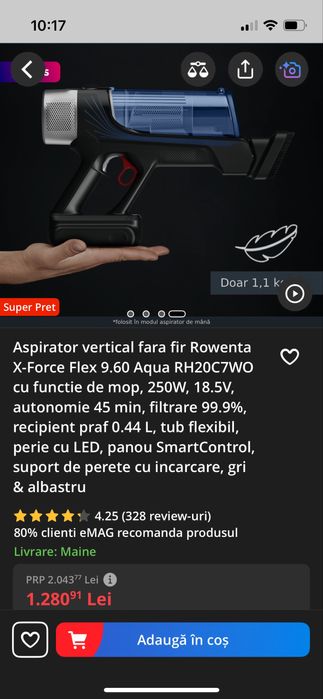 Aspirator vertical fara fir Rowenta X-Force Flex 9.60 Aqua RH20C7WO