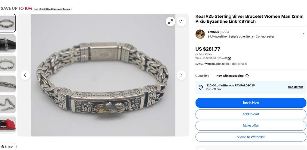 Brățară chinezeasca masivă din argint 925 – bizantin, cu Pixiu