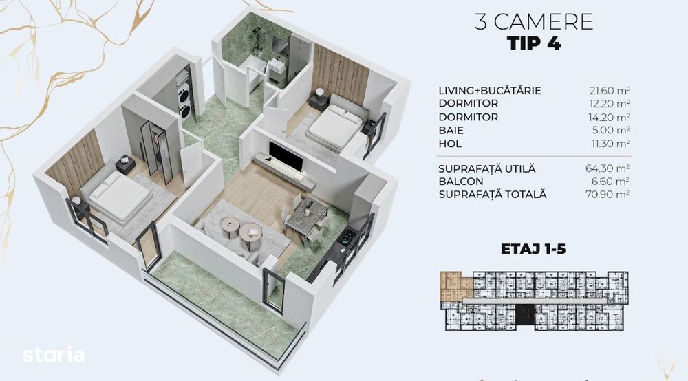 Apartament 3 camere/71 mp/dublu acces metrou Dimitrie Leonida/Berceni