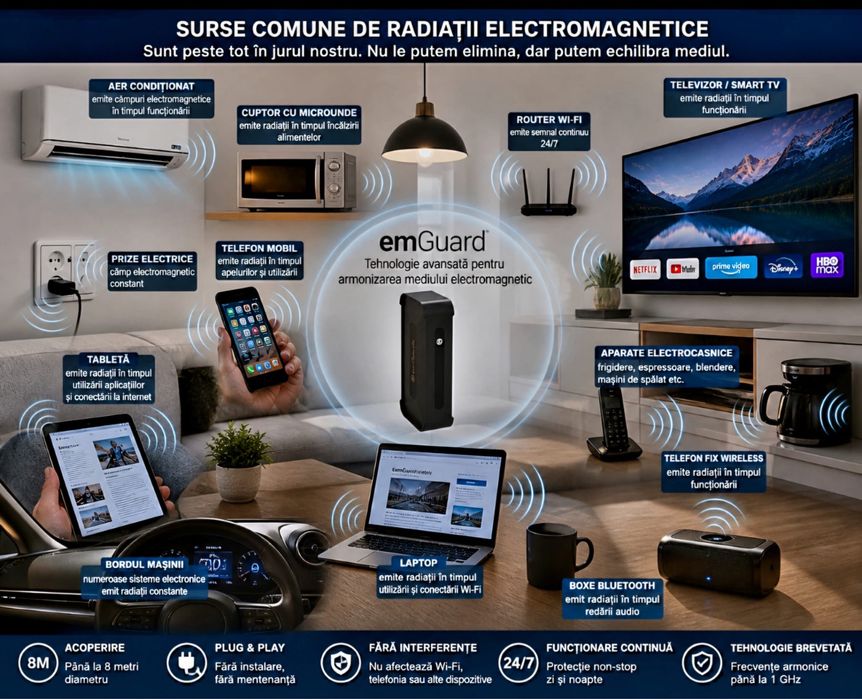 Protecție EMF casă & birou | emGuard – acoperire 8m | Plug & Play | fără mentenanță