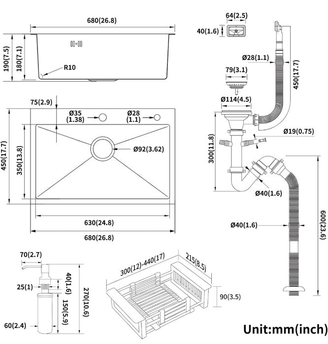 Кухненска мивка LONHEO - 680 мм x 450 мм неръждаема стомана