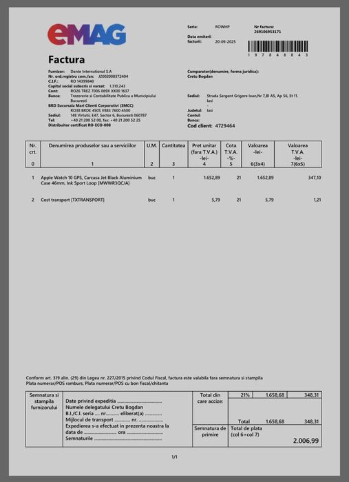 Apple Watch 10 GPS Jet Black 46mm, Factura+Garantie