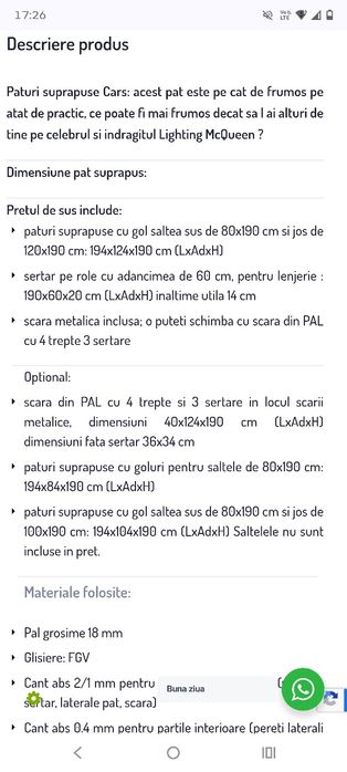 Pat etajat Cars, achiziționat 2023.Copiii nu mai au interes de el.