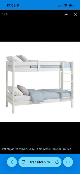 Pat etajat din lemn, alb, 90x200cm cu saltele incluse