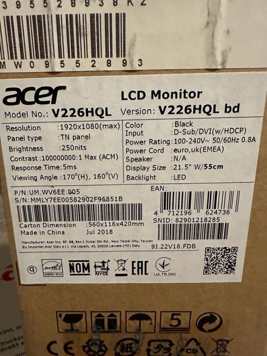 Монитор Acer, 60hz, 21,5”. черный