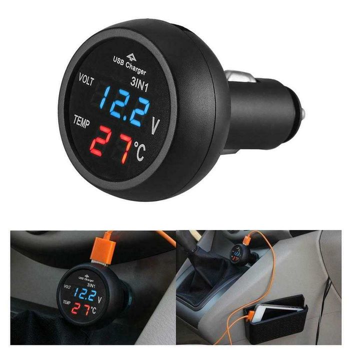 3 in 1 LED Voltmeter digital +Termometru+incarcare USB. 12/24V, Nou!