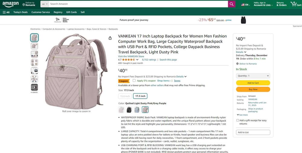 Geanta/Rucsac PINK Laptop  max 17 inch,iesire USB, Redus de la 200RON