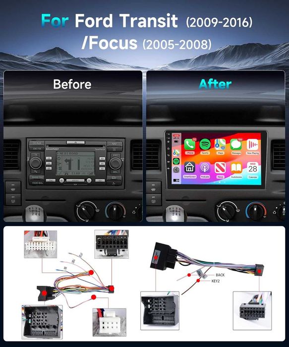 Мултимедия Двоен дин, Навигация, за Ford Focus, Ford Transit, CARPLAY, WAZE Android, Transit, Focus 2005-2016 година