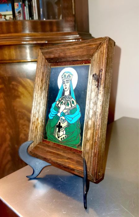 Антикварна икона емайлиран метал в дървена рамка ръчно изработена