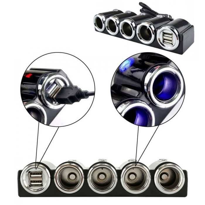 Разклонител за запалка Automat, 4 гнезда, 2 USB, Черен