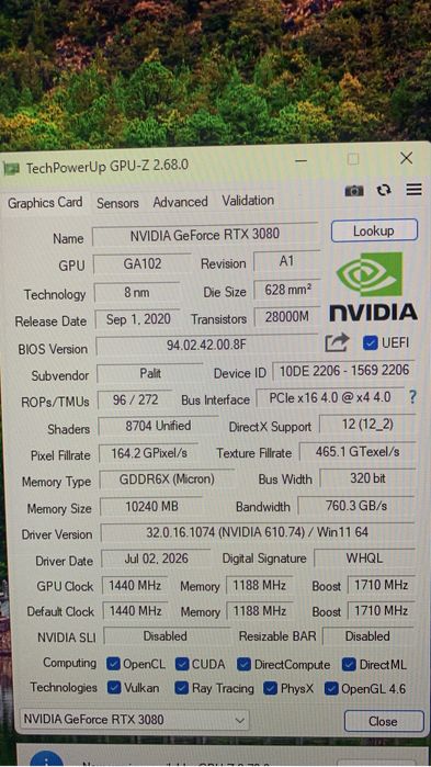 Palit RTX 3080 gaming pro 10gb