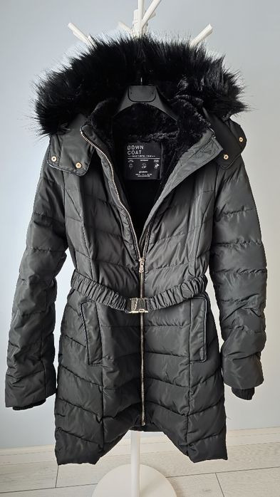 Jacheta lunga de iarna cu puf si pene de rață, Stradivarius, neagra, M