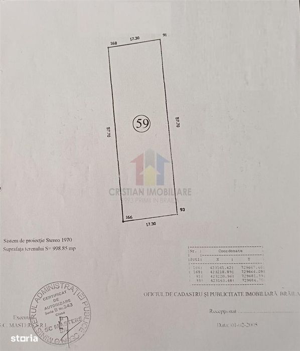 Teren 998 mp, deschidere 57,7 m, pret 95 euromp zona Rezidentiala