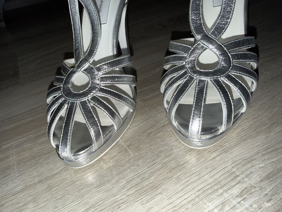 Sandale cu toc, piele naturala argintie, Veronesse, 36