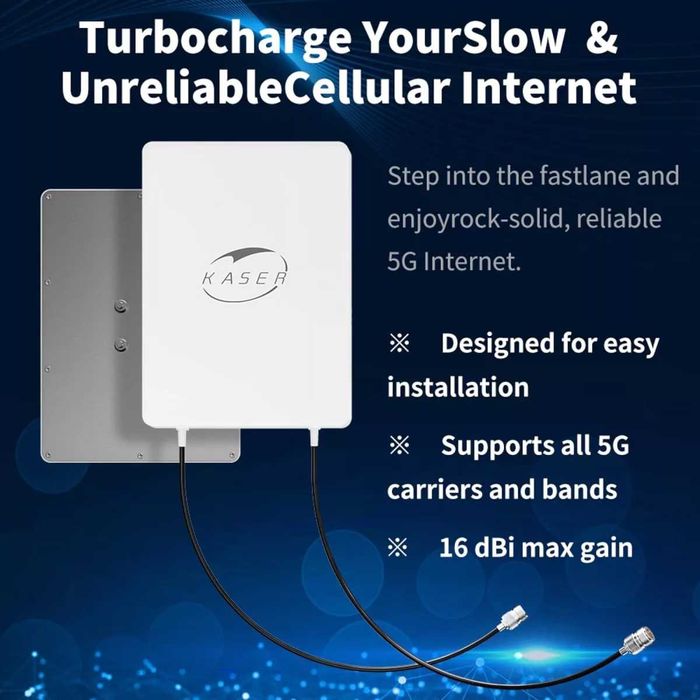 Antena externa LTE 5G/4G MIMO KASER banda N78, 3300-3800 MHz, cu castig de 15dBi, cablu de 10m cu pierderi reduse, adaptor SMA/TS9, pentru routere 5G
