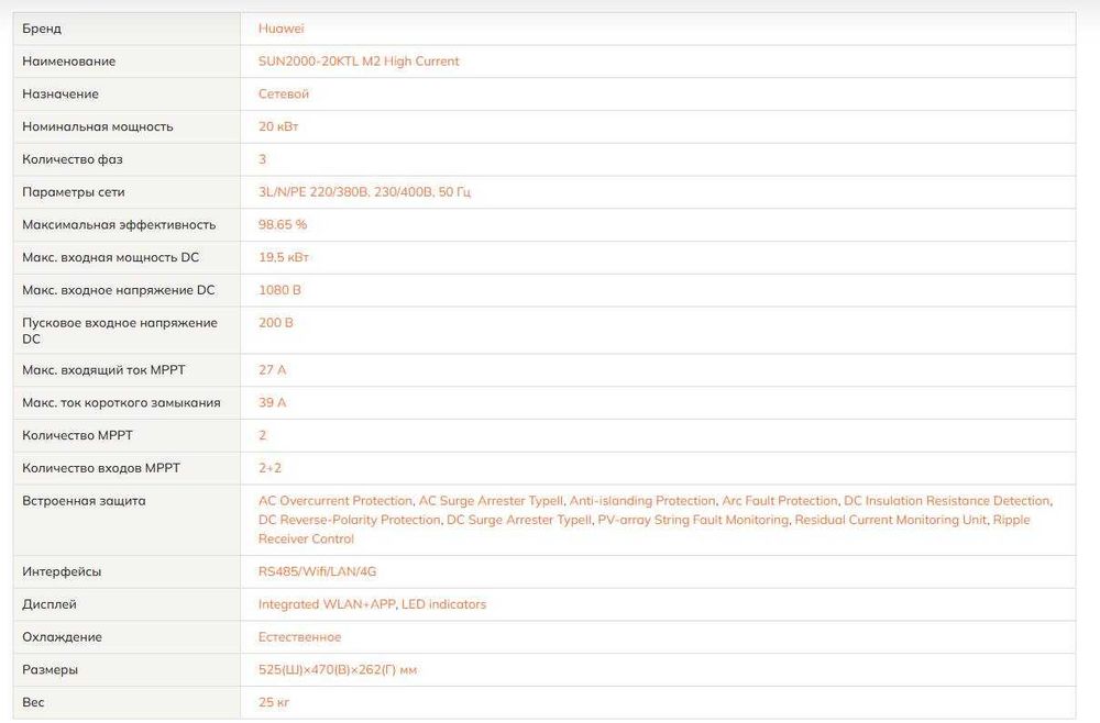 Солнечный инвертор 20кВт Huawei Глобал