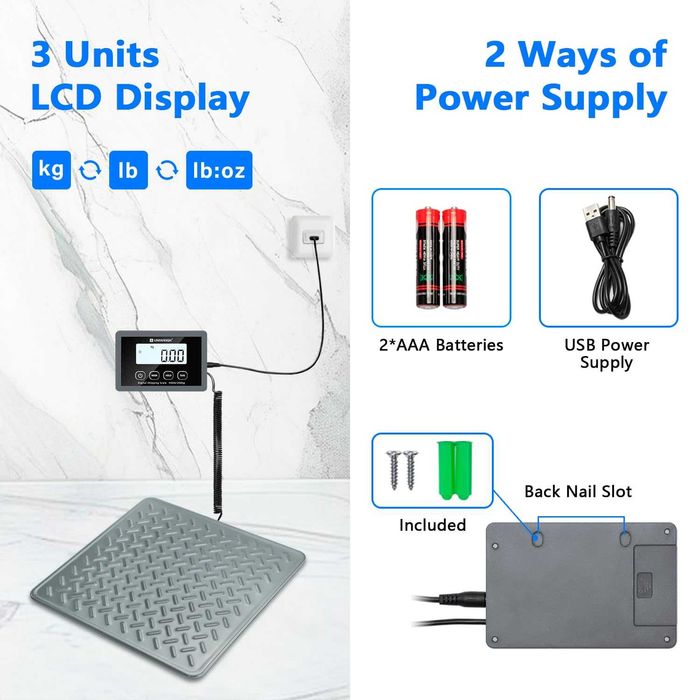 UNIWEIGH 200 кг, Цифрова везна за пощенски пратки, батерии и USB, сива