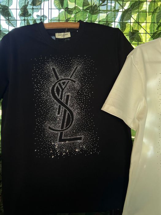 Tricou Saint Laurent alb cu cristale – Premium s-xxl
