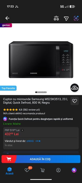 Cuptor cu microunde Samsung MS23K3513, 23 l, Digital, Quick Defrost, 800 W, Negru