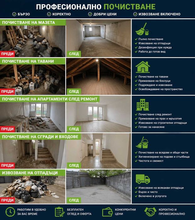 Почистване на стари сгради,мазета,тавани и помещения преди и след ремонт!