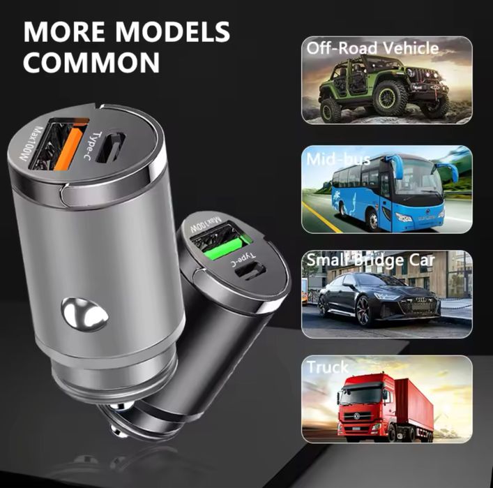 Incarcator auto bricheta, 100W, 1 x USB, 1 x USB Tip C