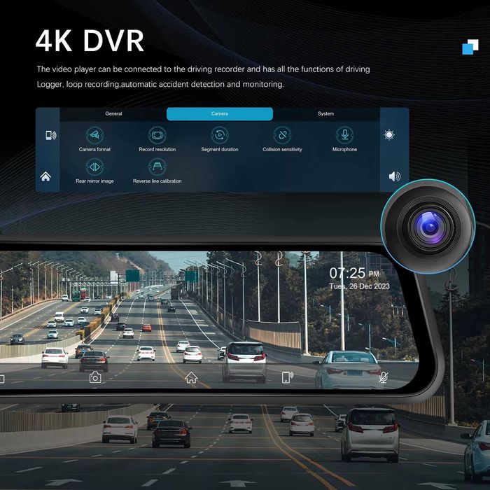 4K DVR Carplay Android auto Видеорегистратор огледало 12" AirPlay Cast
