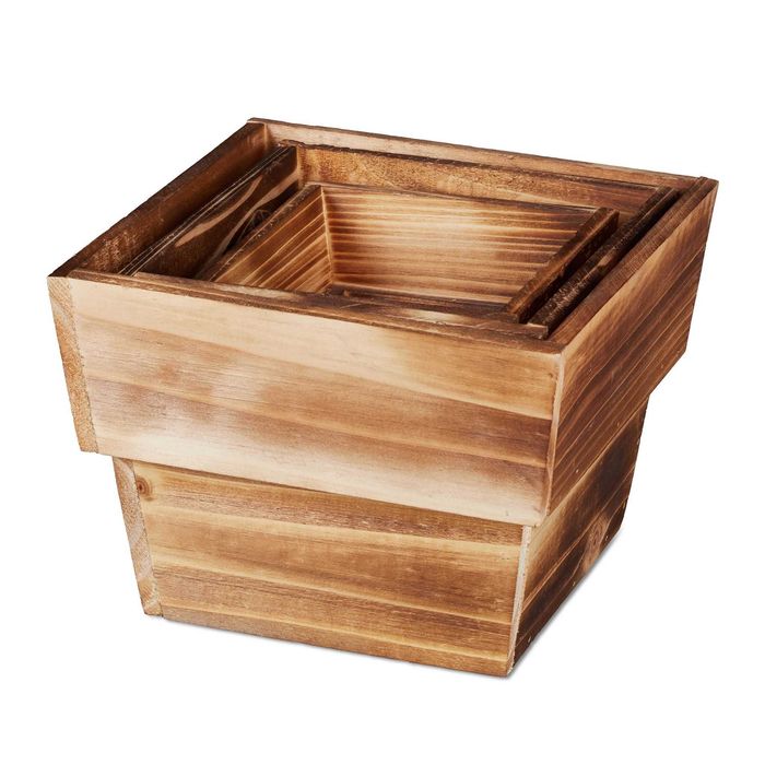 Set 3 Ghivece Rustice pentru Plante Lemn Flambat Confectionate Manual