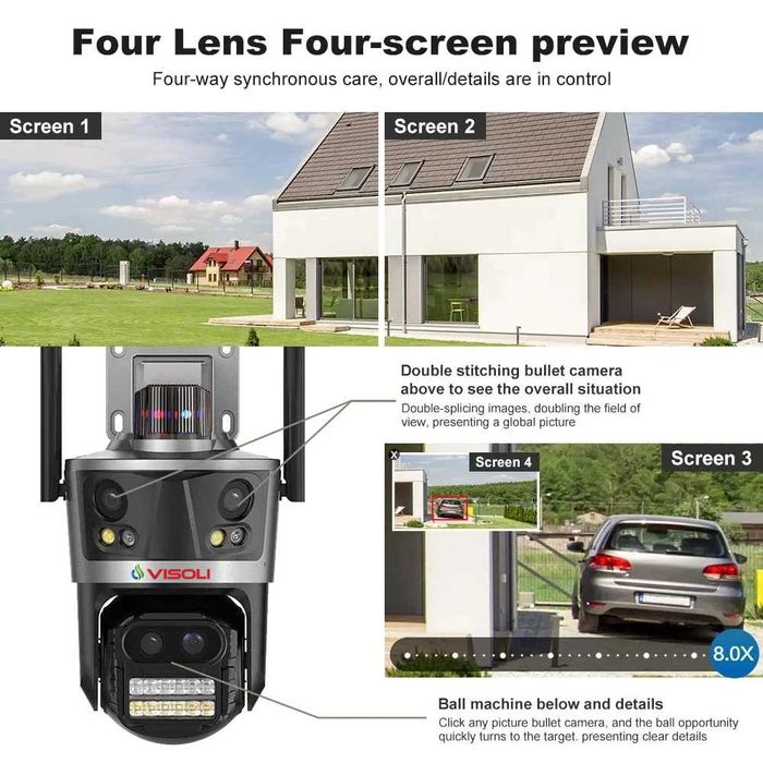 Camera de Supraveghere Tripla WIFI Visoli® P11 Zoom, 12MP Rezolutie 6K