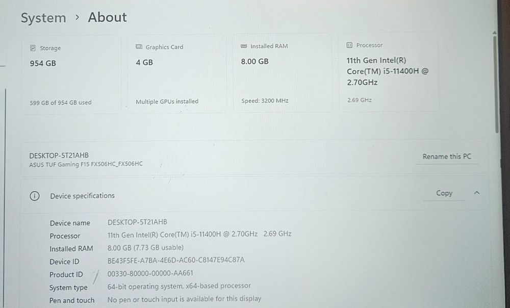 Vând  laptop ASUS TUF Gaming F 15  I 5 cu 8gb RAM și Windows 11 pro