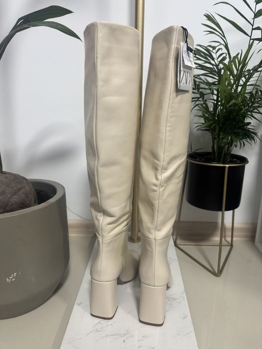 Cizme crem deschis din piele naturală bot pătrat și toc gros Zara 37