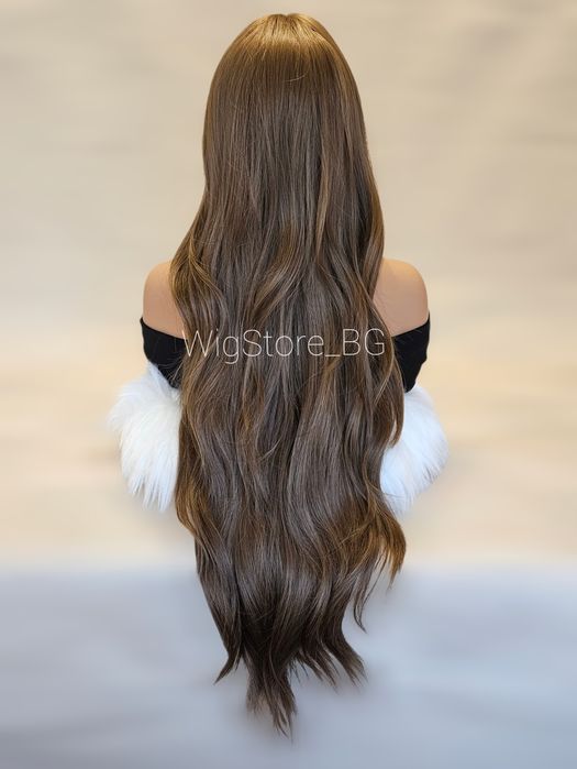 Дълга кестенява перука на плавни къдрици с бретон