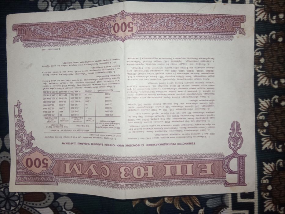 1992-yil O‘zbekiston 500 so‘mlik davlat obligatsiyasi — kolleksiya uch