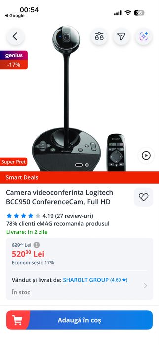 Camera videoconferinta Logitech BCC950 ConferenceCam, Full HD, Noua
