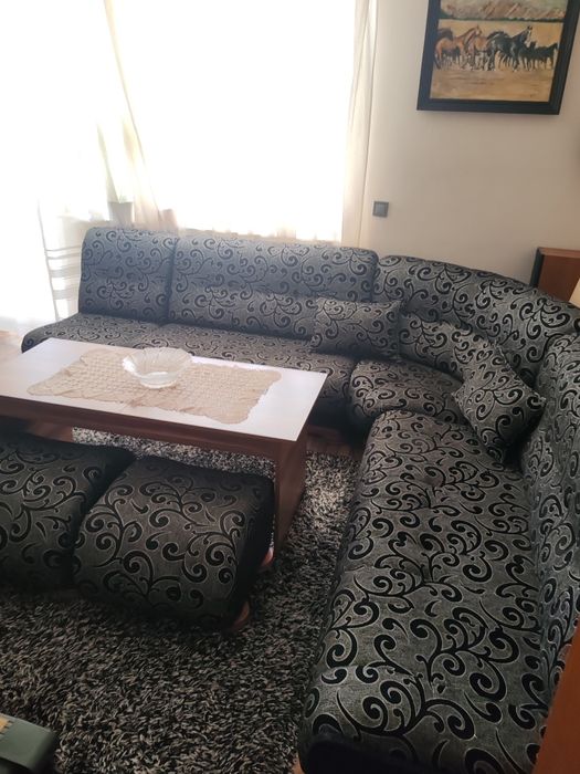 Ъглов диван за хол, фотьойл и две табуретки.