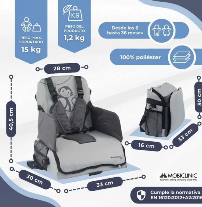 Преносимо столче за хранене и раница 2 в 1 Mobiclinic Kids (Сива маймунка)