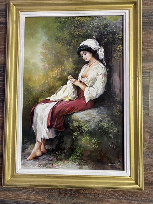 Tablou panza in ulei : fata care coase semnat