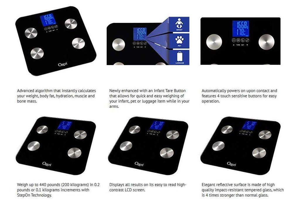 Cantar inteligent Ozeri Touch max 200kg, Grăsime/Mușchi/Oase/Hidratare